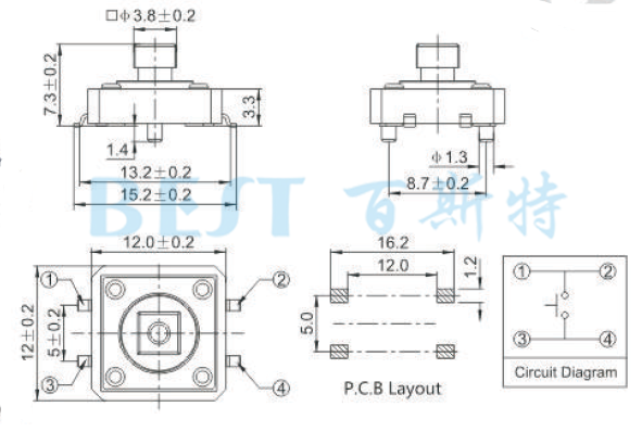 輕觸開關(guān)TS-1103CW參考圖紙 輕觸開關(guān)TS-1103CW參考圖紙